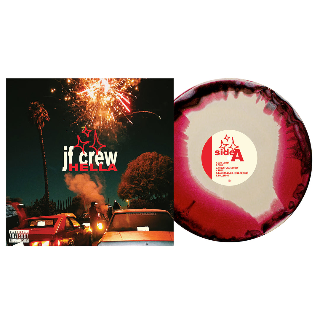 The album cover features cars and people under fireworks at night with jf crew HELLA in bold. Beside it is a Hella Red(ish) Vinyl LP from Just Friends, white center label marked Side A, and an album release date on the tracklist.