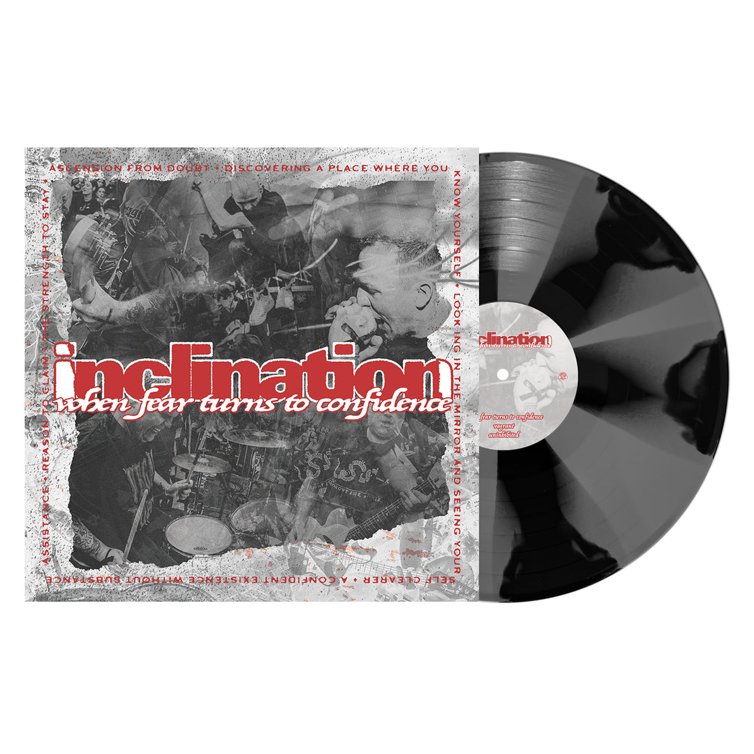 A vinyl record by Inclination partially slides out from its cover. This 3rd Press edition shows a black-and-white band photo, bold red and white text, and a Black/Silver Pinwheel design, limited to just 750 copies.