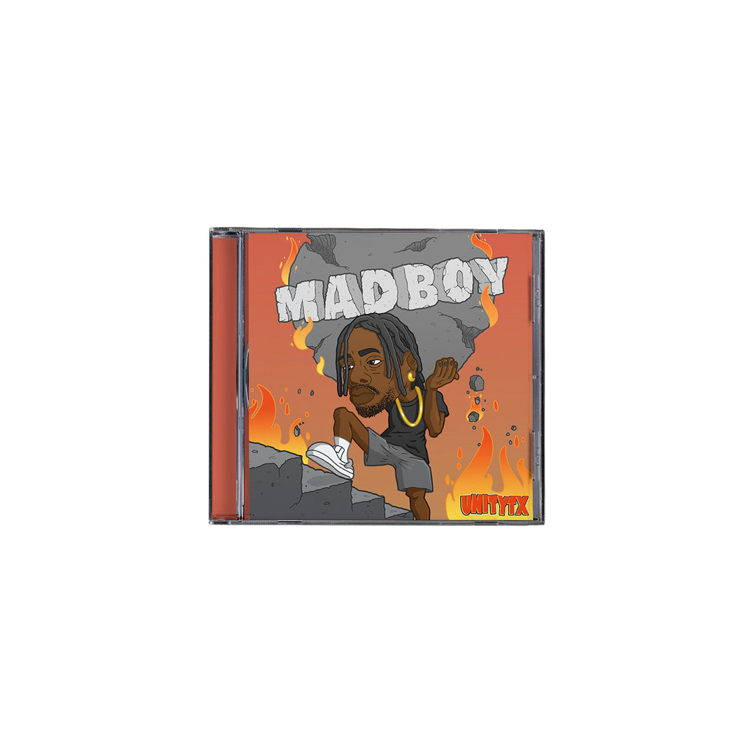 CD cover for UNITYTX’s music album MADBOY, featuring a cartoon character with dreadlocks, gold earrings, and a black outfit running with a shoe in hand over a fiery background. Back cover displays the CD tracklisting.