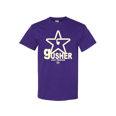 Just Friends Purple Gusher T-shirt. gusher star logo in white ink on the center chest in large print. star logo resembles a uppercase G as a star. 