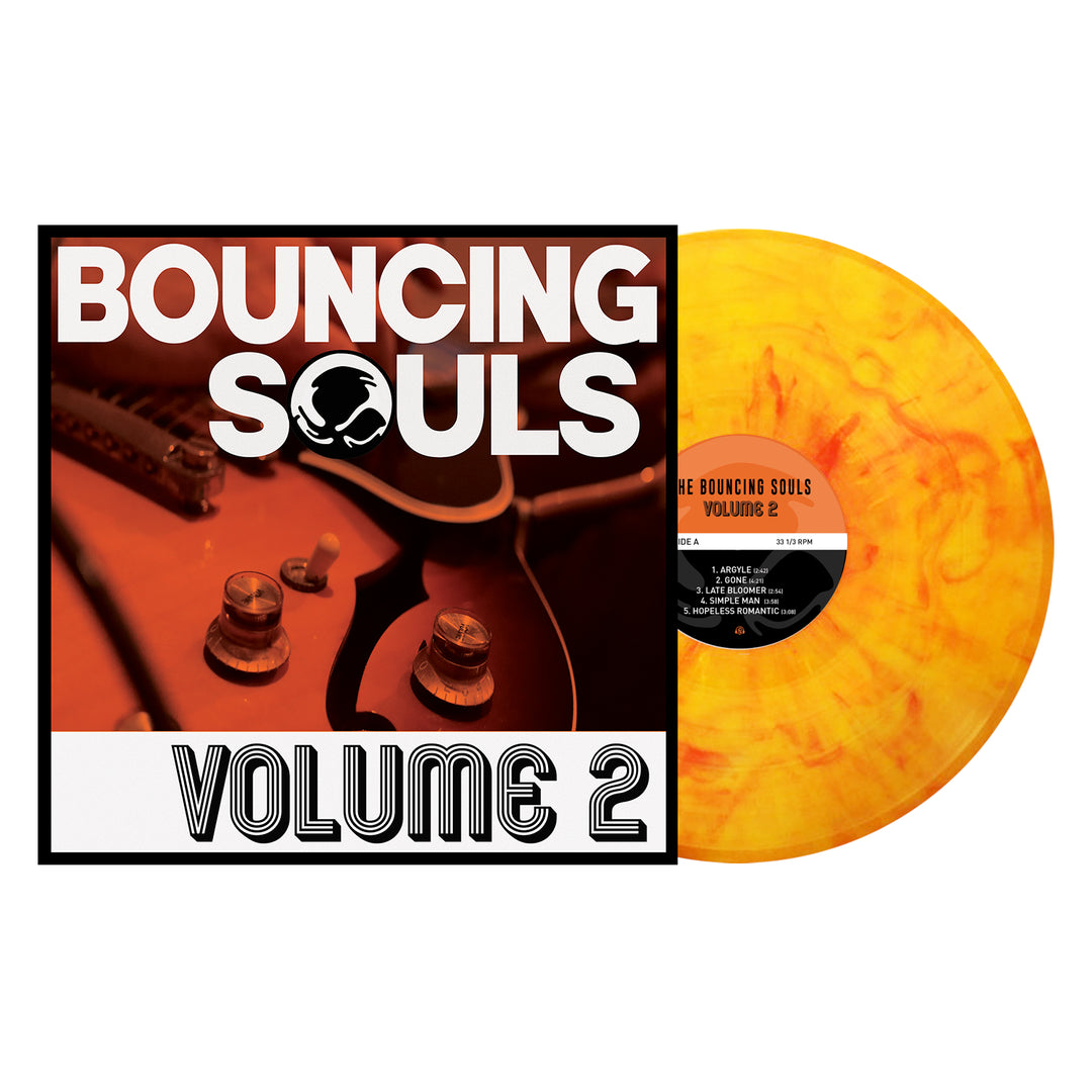 Bouncing Souls Volume 2 Neon Orange Marble vinyl with album cover featuring a close-up guitar photo and bold Bouncing Souls Volume 2 text; includes track Ghosts On The Boardwalk.