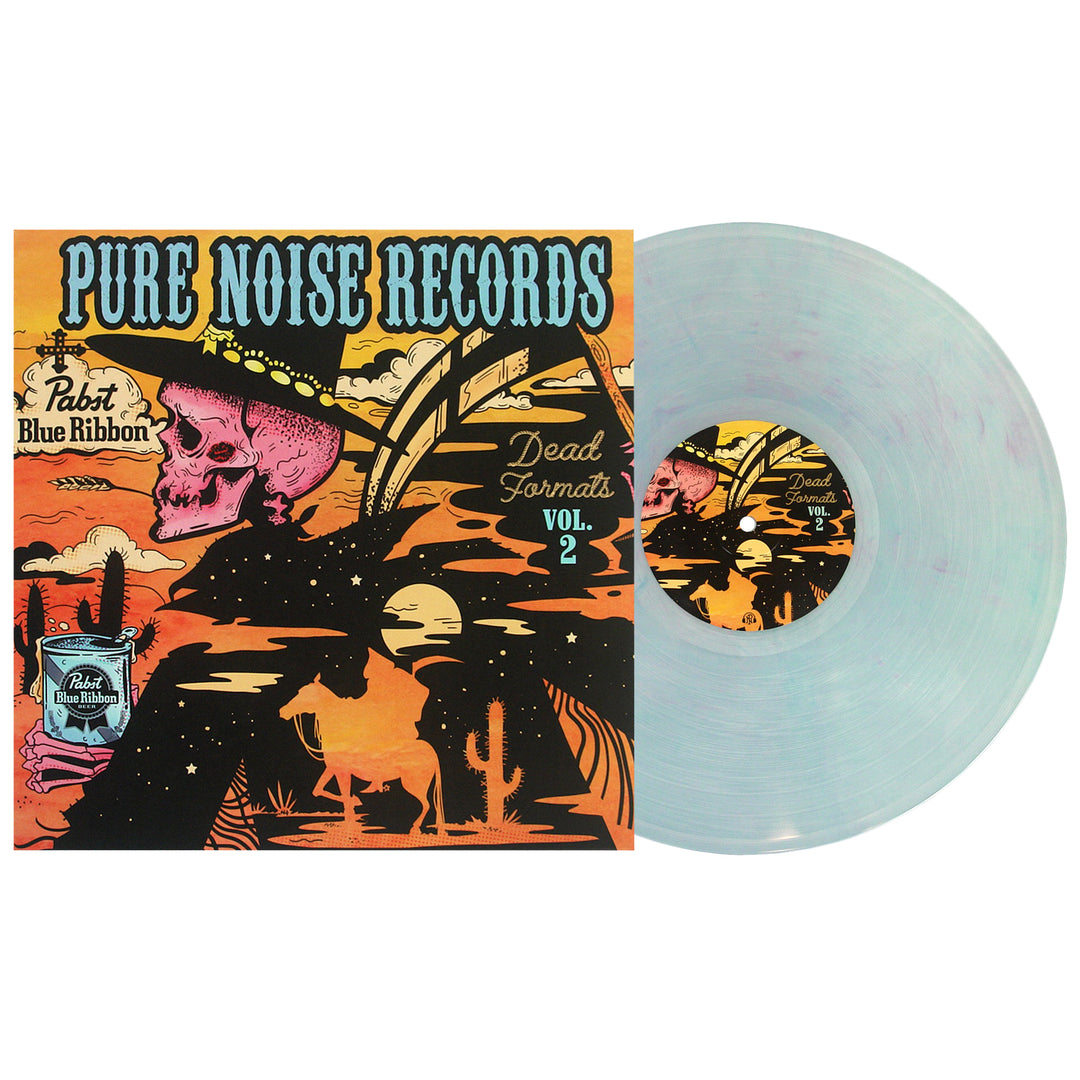 Dead Formats Volume 2 Vinyl LP. Album art depicts a western scene with a skeleton cowboy and some cool space inside of it. Vinyl color is Clear with red and white smoke.