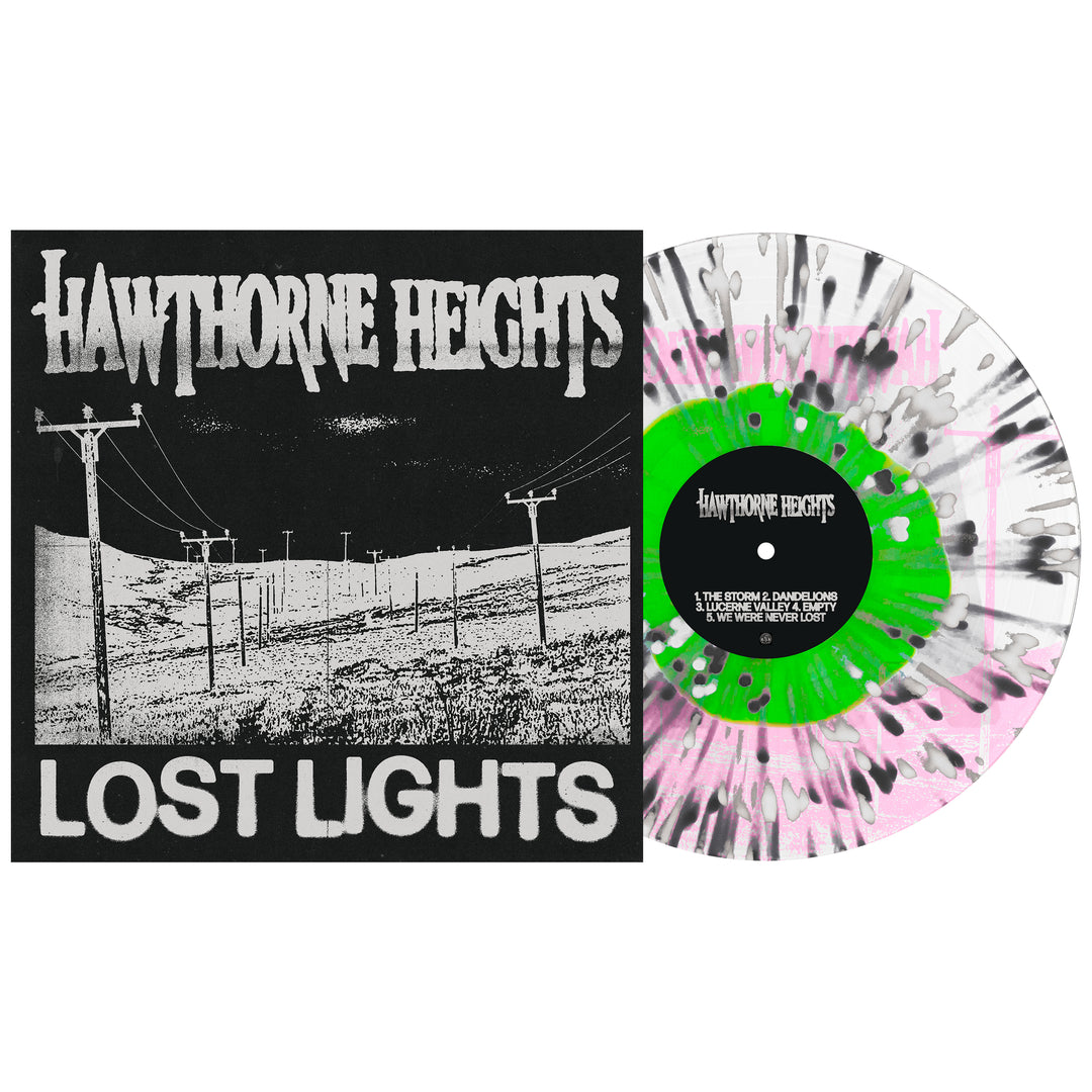 Hawthorne Heights Lost Lights Vinyl LP. album art depicts a bunch of telephone poles through a valley. the vinyl is exposed to show color. color of LP is Neon Green in clear with black and white splatter.