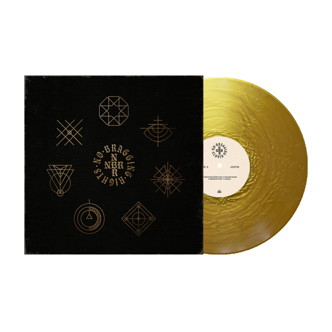 A No Bragging Rights Gold Nugget Vinyl is partially slid from a sleek black cover featuring geometric gold lines and the band’s name, "No Bragging Rights," in a circle, evoking their Breaking Point era style.