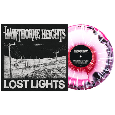 Hawthorne Heights Lost Lights Vinyl LP. album art depicts a bunch of telephone poles through a valley. the vinyl is exposed to show color. color of LP is Black, White & Hot Pink aside bside with white splatter.