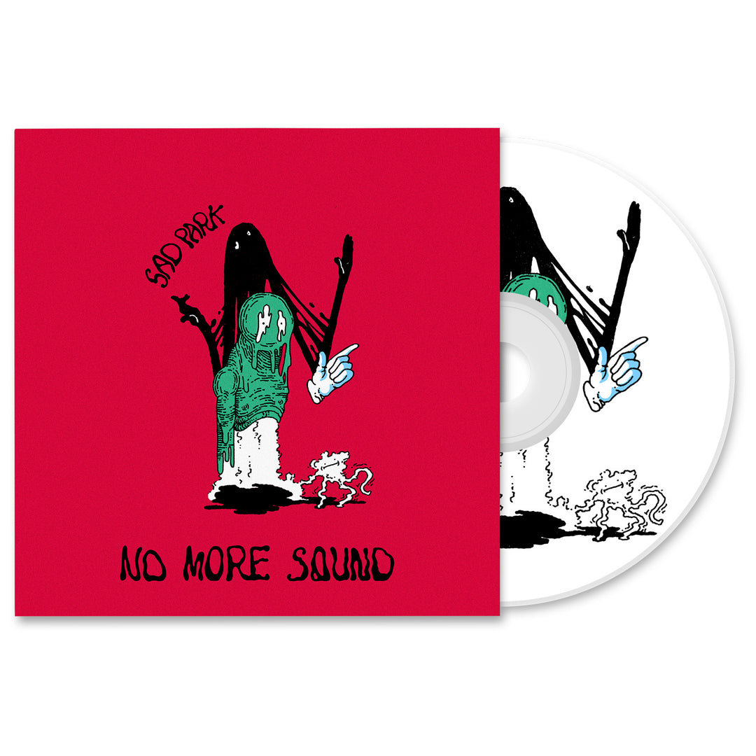 CD and album cover for NO MORE SOUND by Sad Park, featuring an illustrated ghostly green figure with black hair and blue-white gloves beside small animal-like scribbles, all set against a bold red background. Brand: Sad Park.