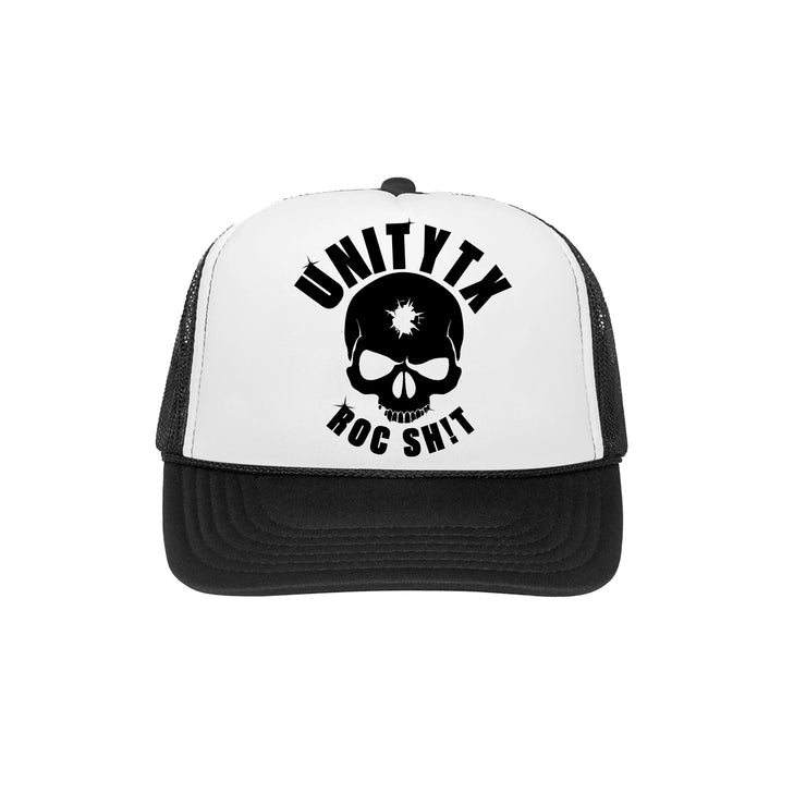 UNITYTX Roc Sh!t black and white mesh trucker hat. on the front of the hat is a skull with a bullet hole through the forehead with the text UNITYTX printed above and ROC SH!T printed below the skull. 