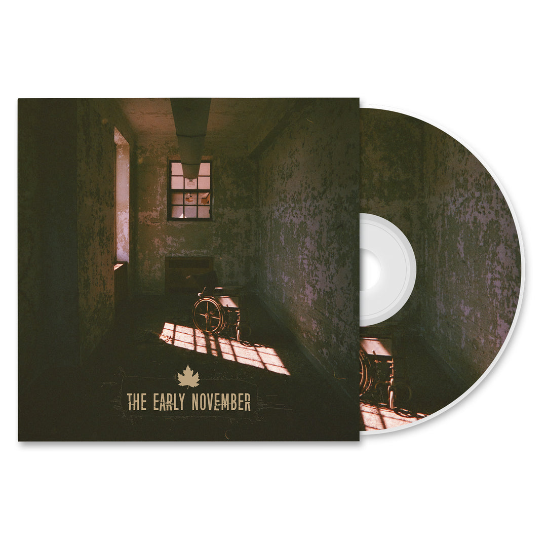 The image shows The Early November CD and cover—an empty, dim room with peeling walls, sunlight streaming in, and a wheelchair in shadow. “The Early November” appears at the bottom. Album presale starts June 14th, 2024.