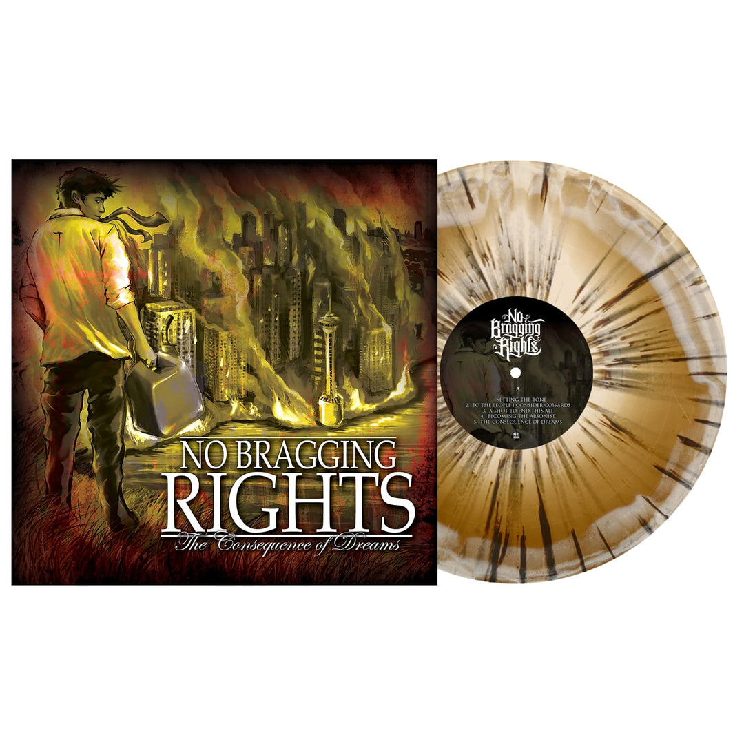No Bragging Rights The Consequence of Dreams vinyl record in bone & gold splatter marbling, shown next to the album cover featuring a person with a suitcase gazing at a burning city skyline.