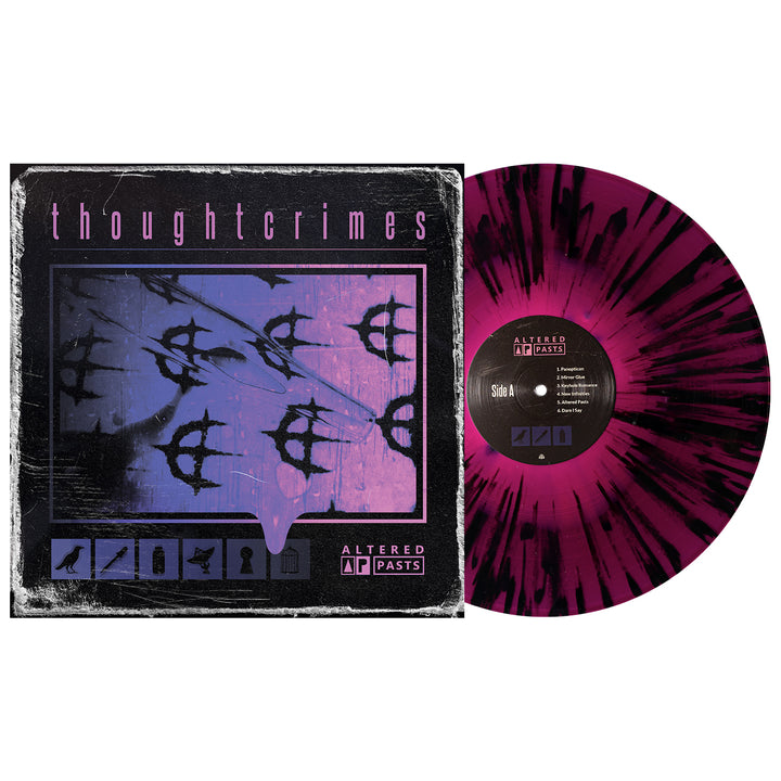 A thoughtcrimes Vinyl LP with a purple and black splatter design sits by its album cover, displaying the ALTERED PASTS title, abstract bird silhouettes, and a grunge look inspired by Hot Pink in Deep Purple.