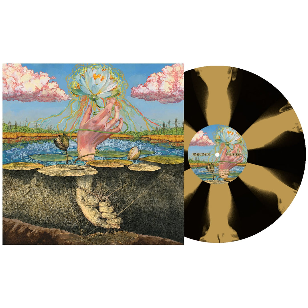 Moon Tooth presents a limited edition Phototroph Vinyl LP with a black & gold pinwheel design. The cover features a hand rising from water holding a glowing lotus, with green roots connecting it to another hand underground.