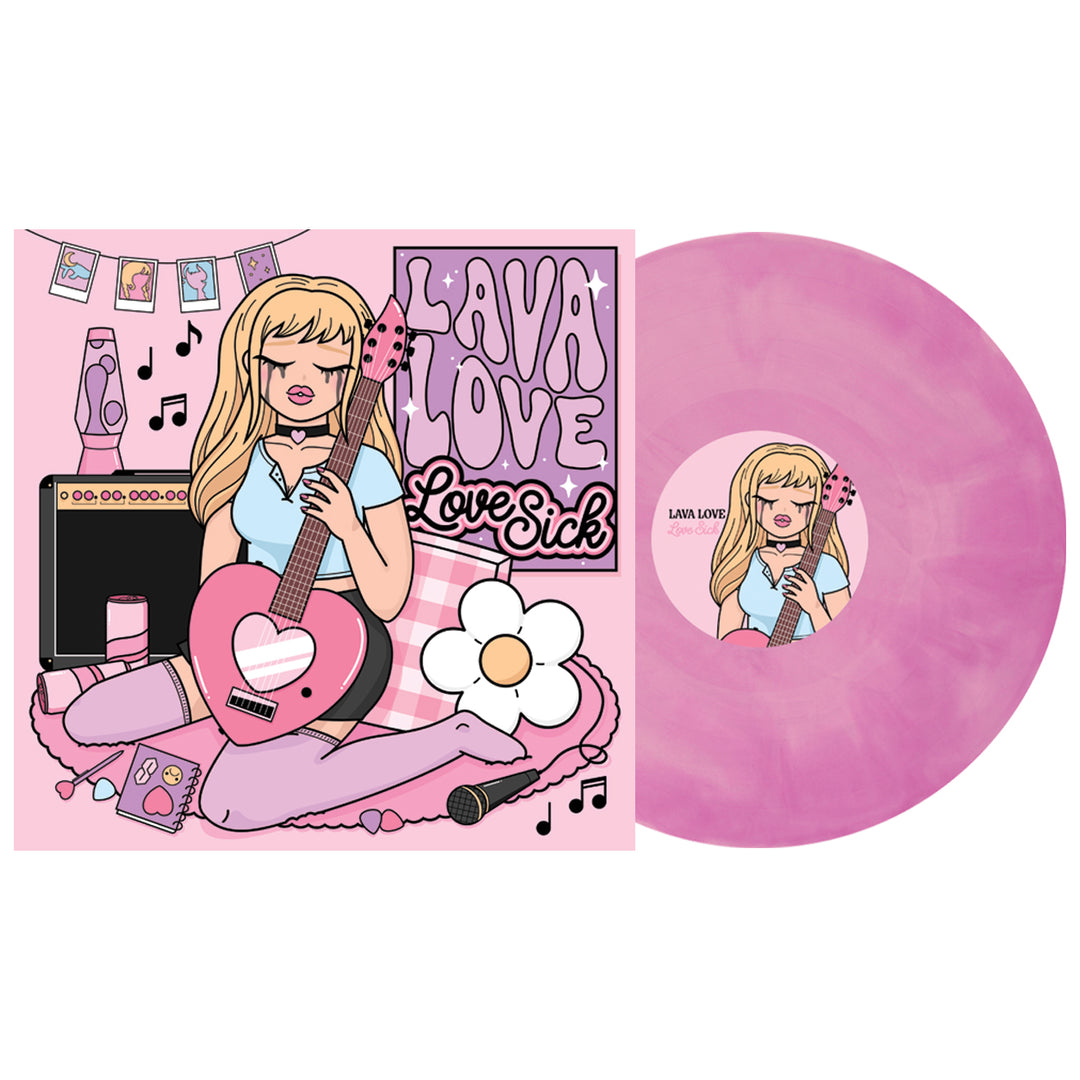 LAVALOVE Lovesick vinyl lp. album art depicts a blonde cartoon girl crying in her cute pink room. vinyl lp color is Baby Pink and purple galaxy.