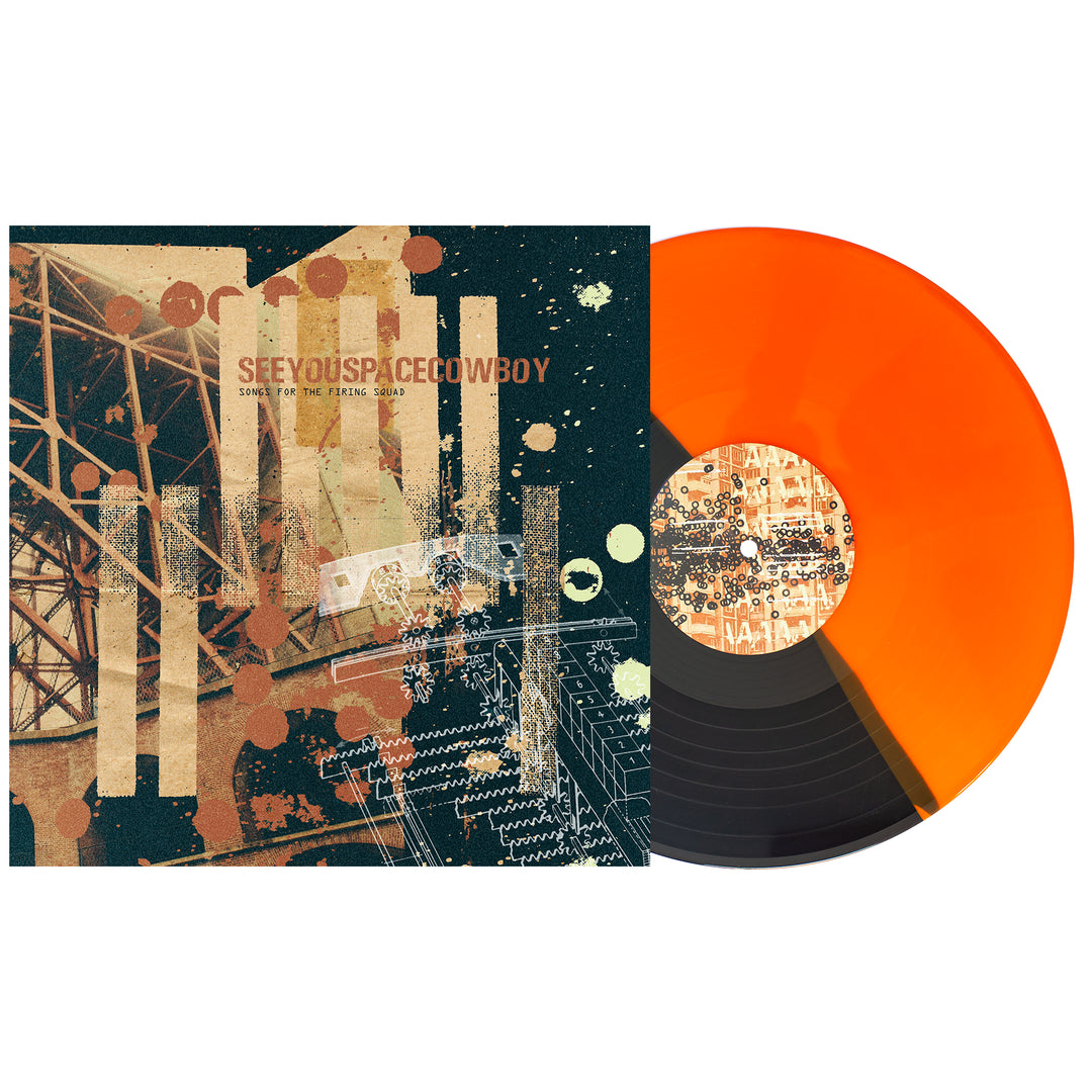 An orange and black LP by SeeYouSpaceCowboy rests beside its album cover, which displays abstract industrial art, the bands name, and the screamo album title The Romance of Affliction.