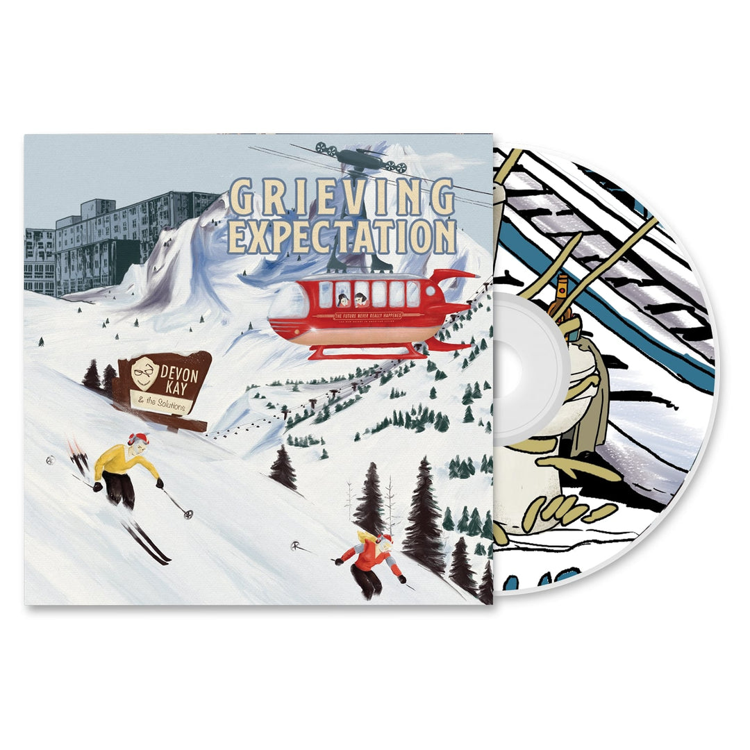 Album cover and Grieving Expectation CD by Devon Kay & The Solutions, featuring illustrated skiers on a snowy mountain, a red cable car, pine trees, city backdrop, and the tracklist from this anticipated release.