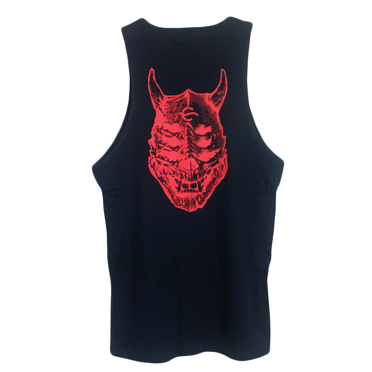 image of the back of a navy blue tank top on a white background. tank and has a center print on orange of a demon skull head with horns and three eyes