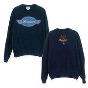 Samiam Logo Navy crewneck. Crewneck has crest logo printed on the front chest in gold and blue ink. back by the top center has the Pure noise and Samiam logo in gold 