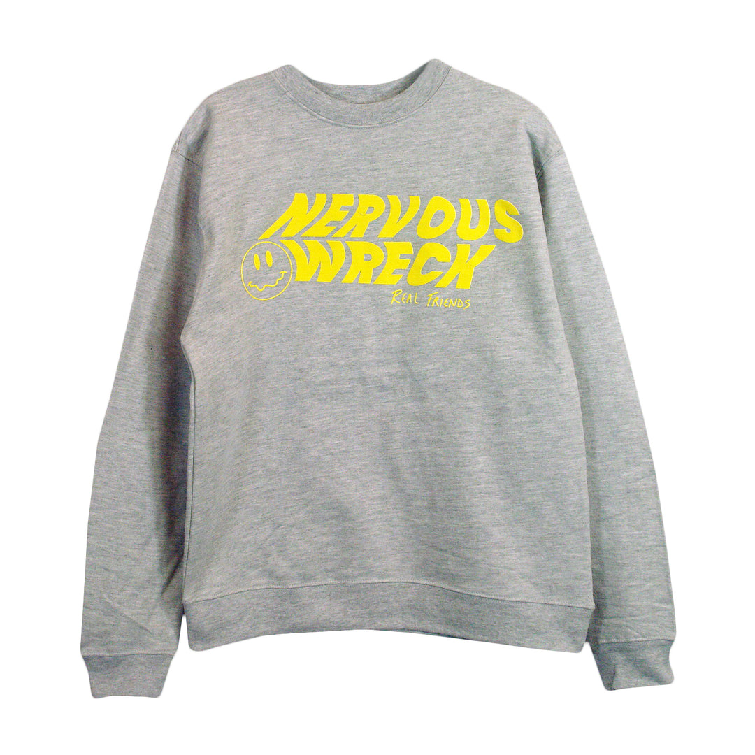 A gray crewneck sweatshirt by Real Friends with yellow NERVOUS WRECK text, a smiley face graphic, and smaller Real Friends branding below.