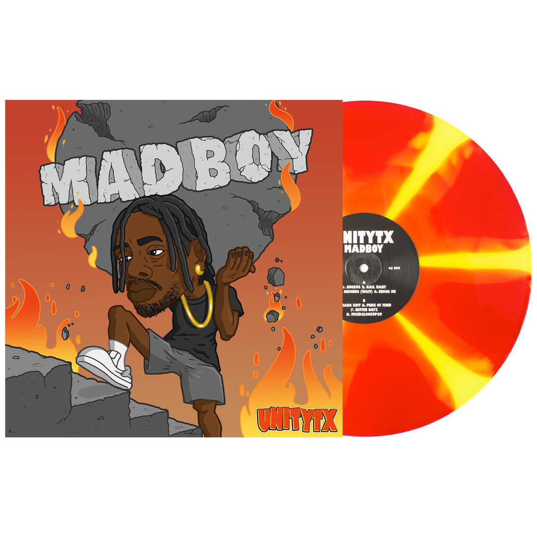 A red and highlighter yellow pinwheel vinyl record partially slides from its sleeve, showing cartoon art of a man breaking through a wall with MADBOY above him, flames behind, and the brand UNITYTX at the bottom.