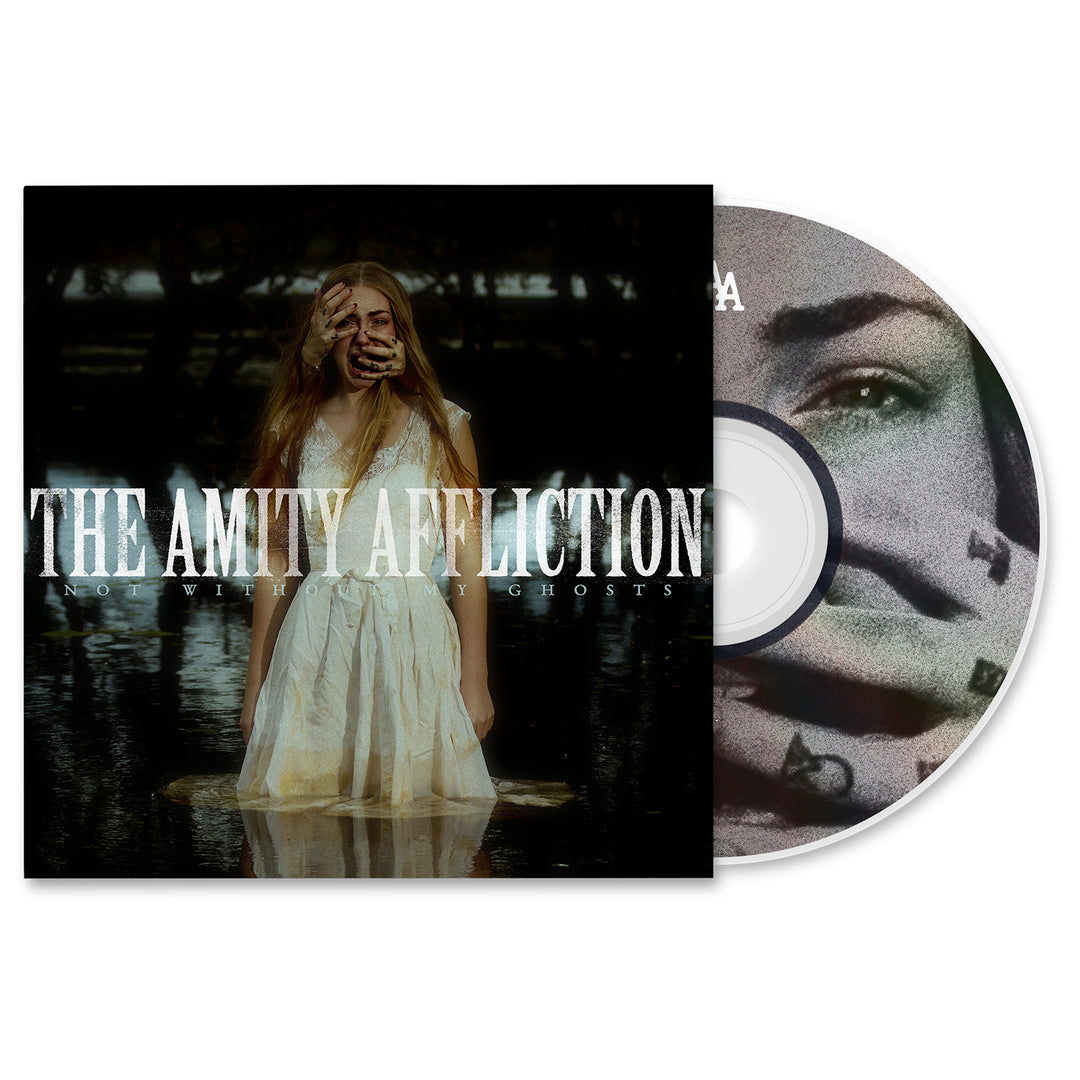 The Amity Affliction’s Not Without My Ghosts album cover depicts a woman in white standing in water, hand over her mouth. The CD artwork also shows a face with a hand covering the mouth, reflecting the haunting vibe of this release.