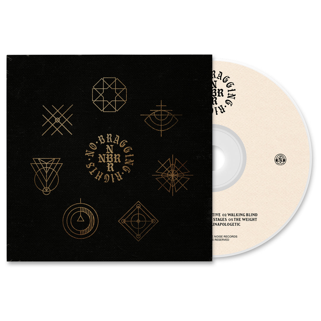 A No Bragging Rights CD case features geometric gold designs on black with the brand name in a circle; the white CD with black track listing is partly visible outside. Album release: December 3rd.