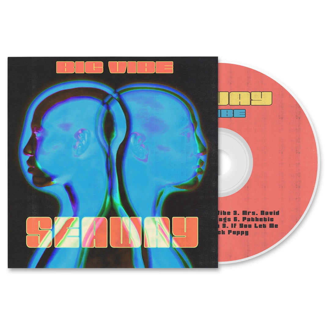 Seaway CD album cover titled Big Vibe, featuring two mirrored, stylized blue human profiles on a black background. The pink CD displays bold orange and yellow text with the track list. Inspired by Seaway’s vibrant style.