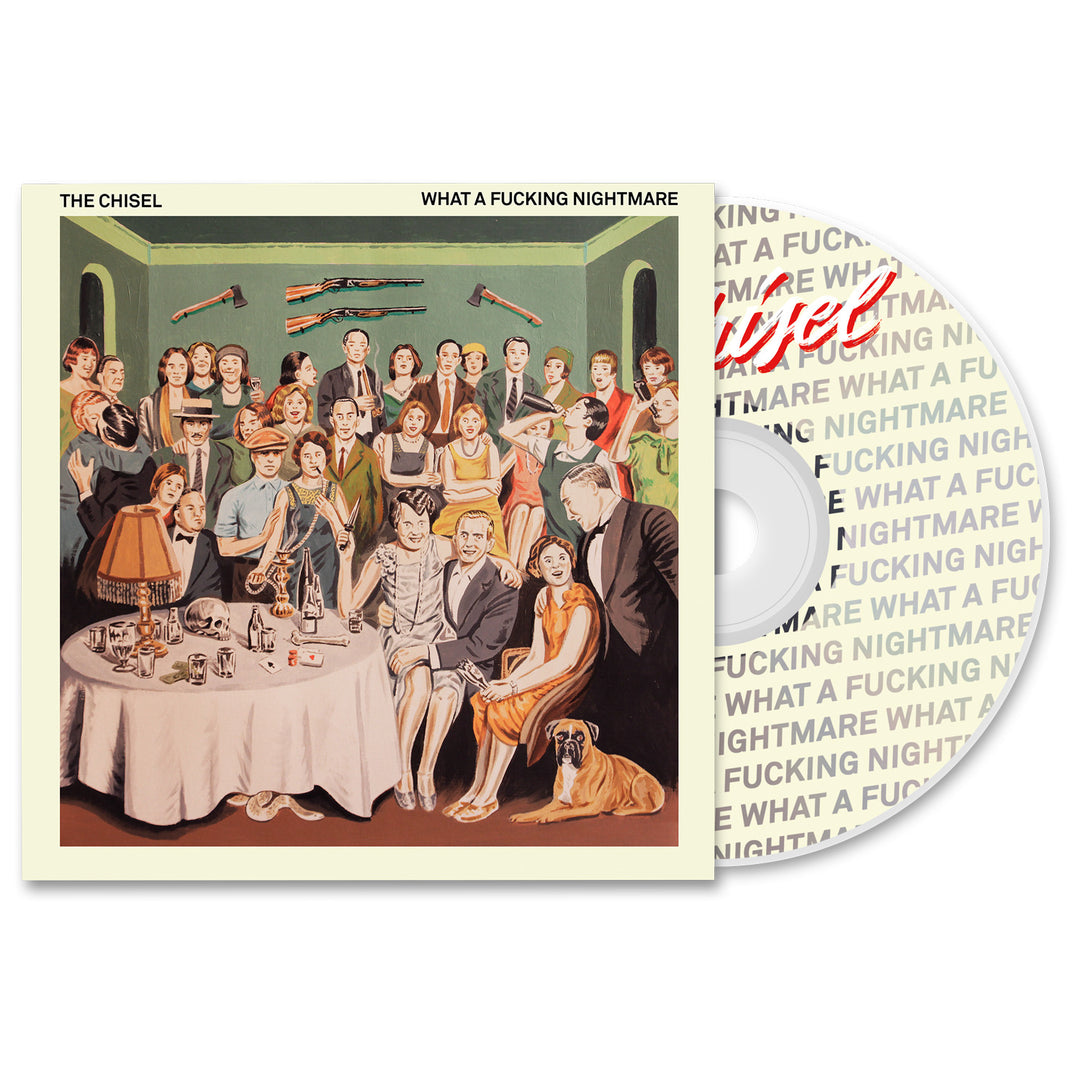 CD cover for The Chisel’s What A Fucking Nightmare shows a vintage group in a dim room with green walls, tables, knives, dog, and flag. Album by The Chisel released on February 9th, 2024.