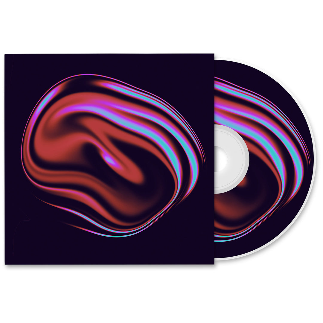 A Microwave CD and case with abstract, swirling wavy patterns in red, purple, and teal on a dark background. The design matches on both items and highlights the album title Lets Start Degeneracy.