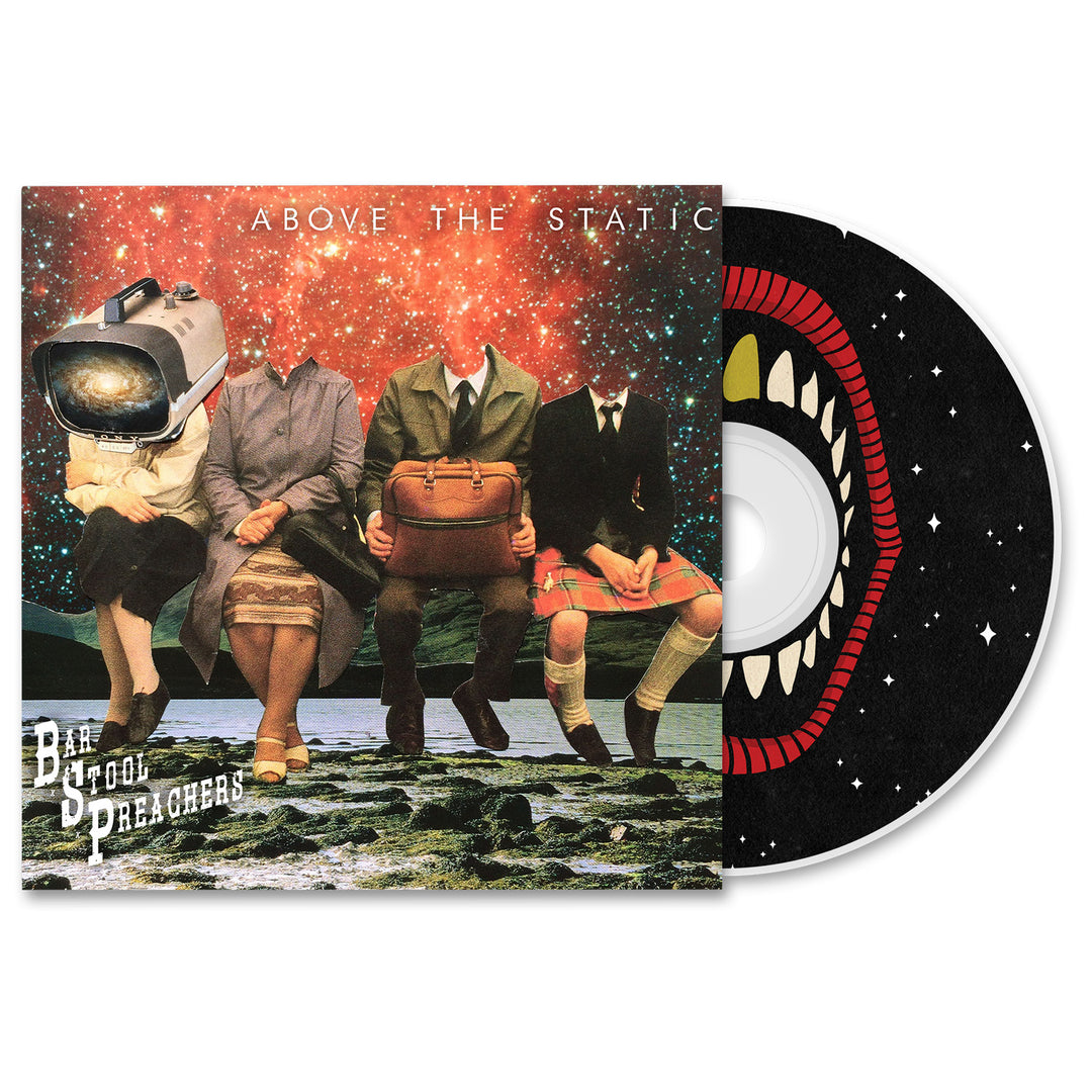 Above The Static CD with the CD exposed to show art on the CD. art on CD is a open mouth with one gold tooth and a spacey background. Album Art depicts 3 headless figures sitting on mountains with a galaxy background. a 4th person is also there with an old tv for a head.