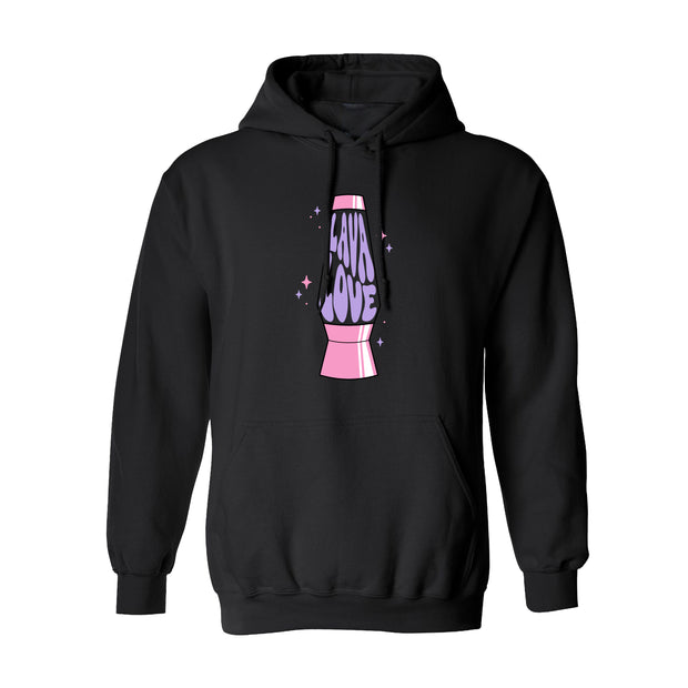 LAVALOVE lovesick black pullover hoodie. on the front center chest in a lava lamp but the lava in the lamp spells out LAVA LOVE. 