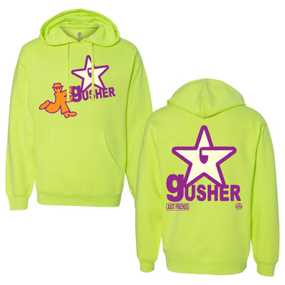 Just Friends Safety Yellow Pullover hoodie. Front of hoodie has a small spy looking character seemingly stealing the gusher star logo in orange and purple ink on the front center chest. the back of the hoodie has the same gusher star logo in purple and white ink on the center of the back.  