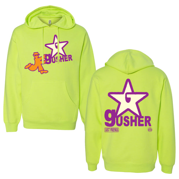 Just Friends Safety Yellow Pullover hoodie. Front of hoodie has a small spy looking character seemingly stealing the gusher star logo in orange and purple ink on the front center chest. the back of the hoodie has the same gusher star logo in purple and white ink on the center of the back.  