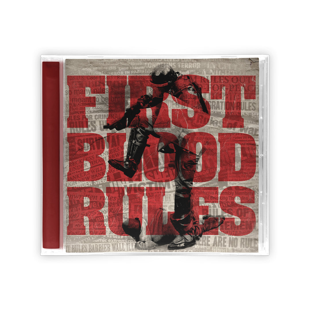 First Blood Rules CD album in branded case, shows a person mid-jump on the cover with large red FIRST BLOOD RULES text and faded background. Includes complete tracklisting inside.