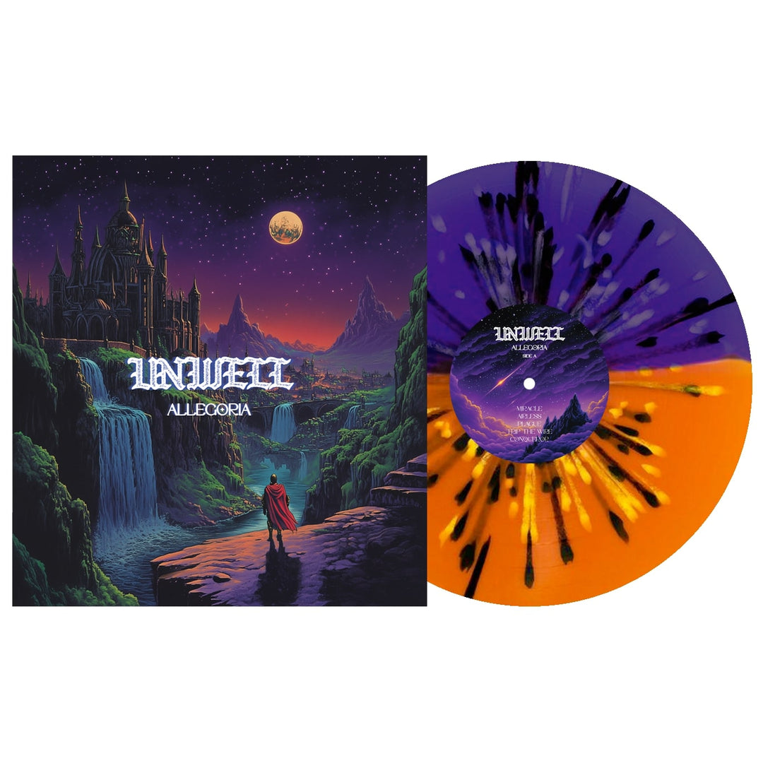 Album cover for Unwell’s Allegoria shows a fantasy landscape with a castle, mountains, and a full moon. Next to it is the vibrant colored splatter LP—don’t miss out on the Unwell Allegoria vinyl, available for album presale now.