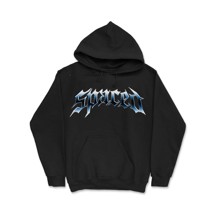 The Spaced Black Hoodie features a front pocket and bold metallic blue and white Spaced lettering across the chest—a standout essential from the Spaced brand.