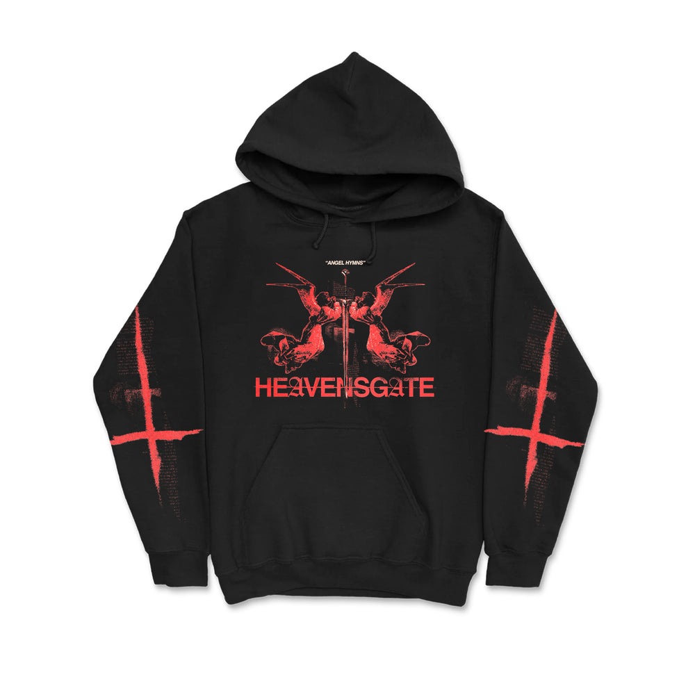 Heavensgate black hoodie with red graphic art of two angels, bold HEAVENSGATE text, and red crosses on both sleeves. Inspired by ANGEL HYMNS, it features a front pocket and drawstring hood.