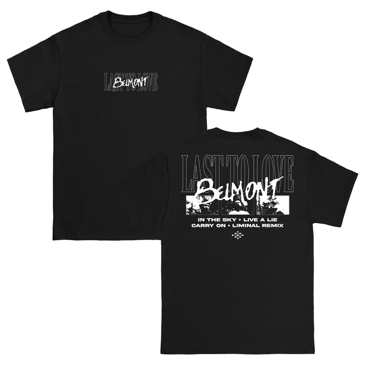 A standout in women’s fashion, this black Belmont T-shirt features LAST TO LOVE and BELMONT on both sides, with IN THE SKY, LIVE A LIE, CARRY ON, and LIMINAL REMIX song titles printed on the back.