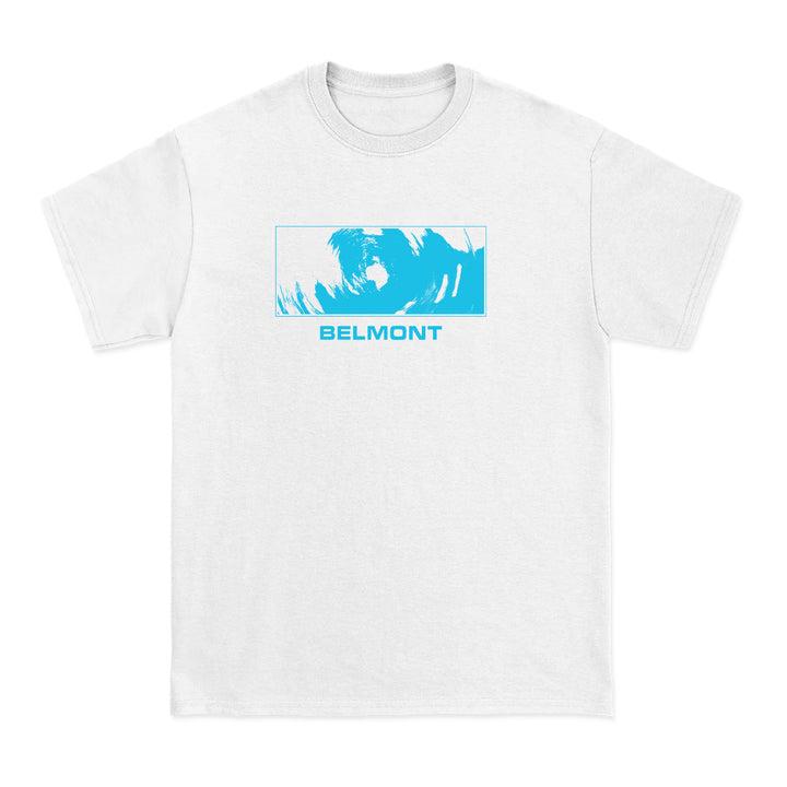 White womens t-shirt from Belmont featuring a blue abstract graphic above the bold, uppercase BELMONT logo centered on the chest—a modern wardrobe staple.