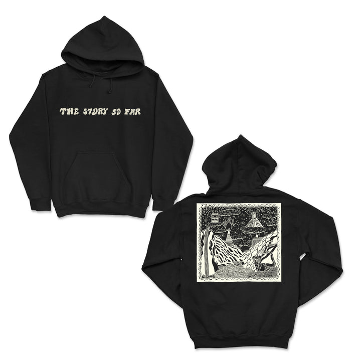 A black midweight pullover hoodie by The Story So Far featuring the band name in white on the front and a detailed black-and-white house and landscape graphic on the back.