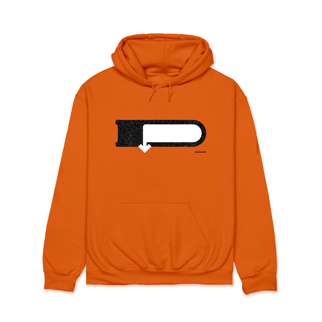 An orange hooded sweatshirt by DOWNWARD features a large black speech bubble graphic with a white center and downward arrow on the chest. Includes front pocket and drawstrings for comfort.