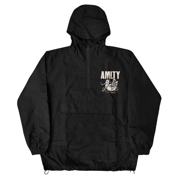 The Amity Affliction black hooded pullover windbreaker with front pocket. Features a beige skeleton with staff graphic and bold "AMITY" lettering on the upper left chest.