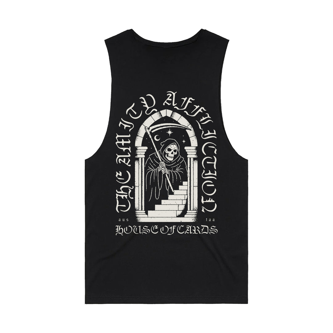 Sleeveless black t-shirt by The Amity Affliction featuring a white hooded skeleton with a scythe on stairs under an arch, plus "The Amity Affliction" and "House of Cards" text—ideal custom apparel for fans.