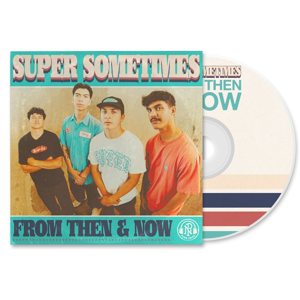 Super Sometimes’ album cover for From Then & Now shows four young men looking up at the camera. The CD features a simple blue, beige, and red striped design. Don’t miss the Super Sometimes release in August 2025!.