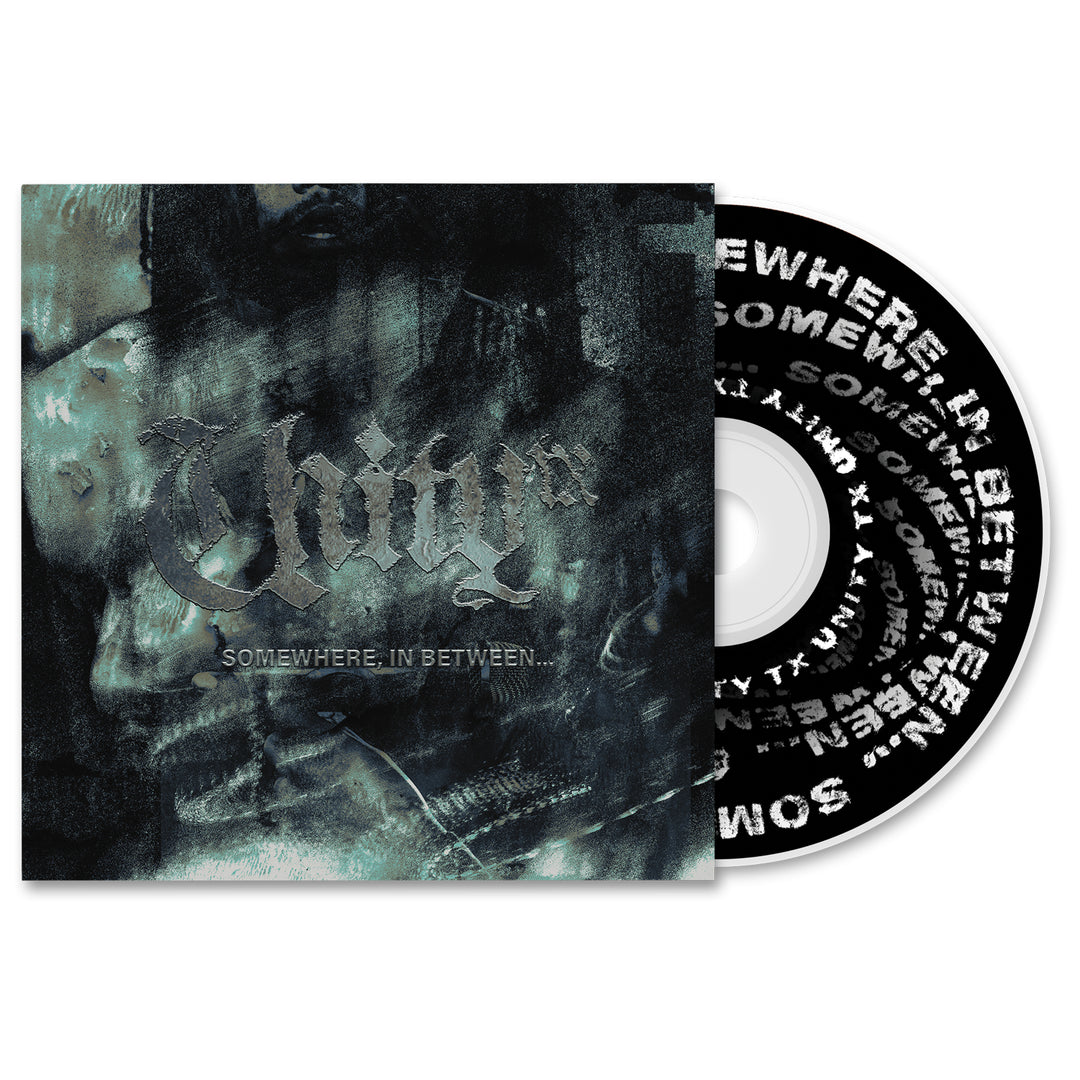 CD and cover art for UNITYTX’s album Somewhere In Between. This bundle features dark, abstract visuals with bold gothic fonts; the CD itself displays repeating album text on a sleek black background.