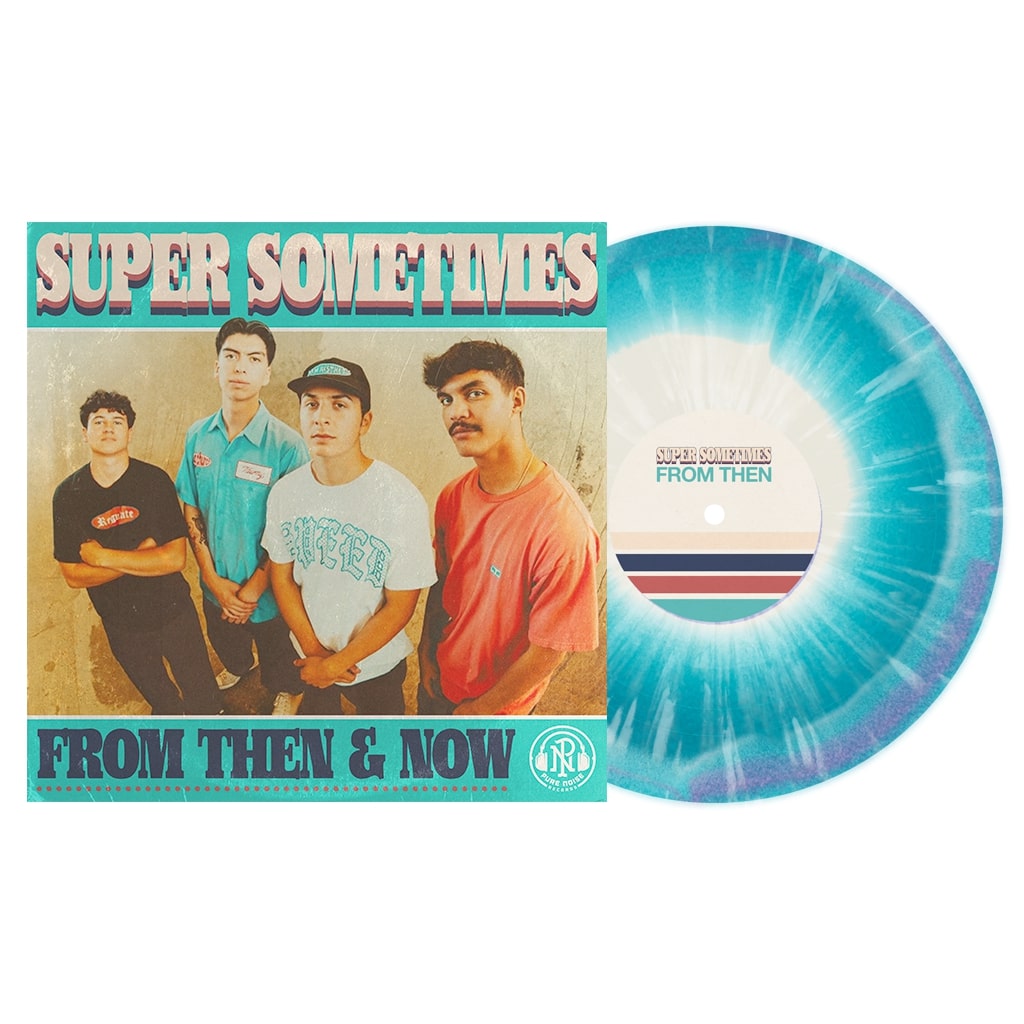 A presale Super Sometimes splatter vinyl LP, blue and white marbled, sits next to its cover showing four young men against a wall with SUPER SOMETIMES and FROM THEN & NOW boldly printed.