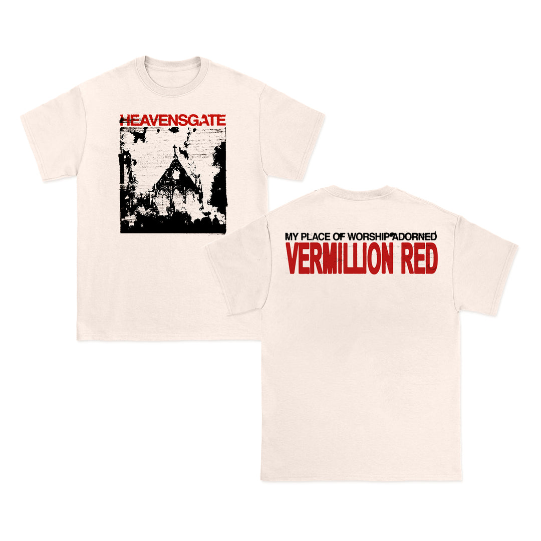 Front and back of a white Heavensgate T-shirt. Front: black and white building with "HEAVENSGATE" in red, inspired by ANGEL HYMNS. Back: "MY PLACE OF WORSHIP/ADORNED VERMILLION RED" in bold black and vivid red text.
