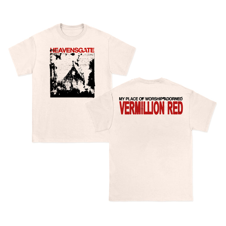 Front and back of a white Heavensgate T-shirt. Front: black and white building with "HEAVENSGATE" in red, inspired by ANGEL HYMNS. Back: "MY PLACE OF WORSHIP/ADORNED VERMILLION RED" in bold black and vivid red text.