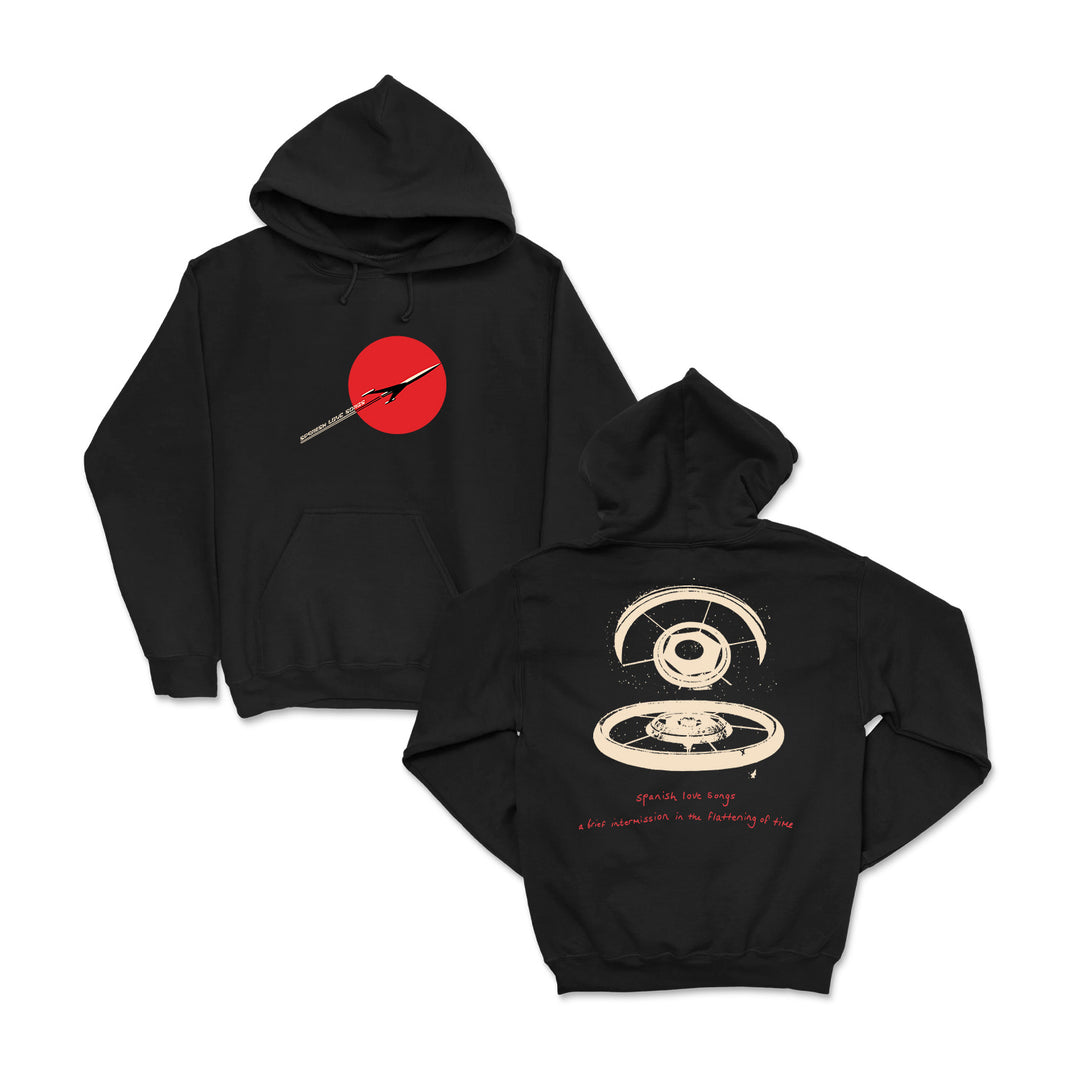 Spanish Love Songs black hooded sweatshirt with a spaceship and red circle on the front. The back displays beige spaceship designs and text, while both sides feature minimalist, artistic space-themed graphics.