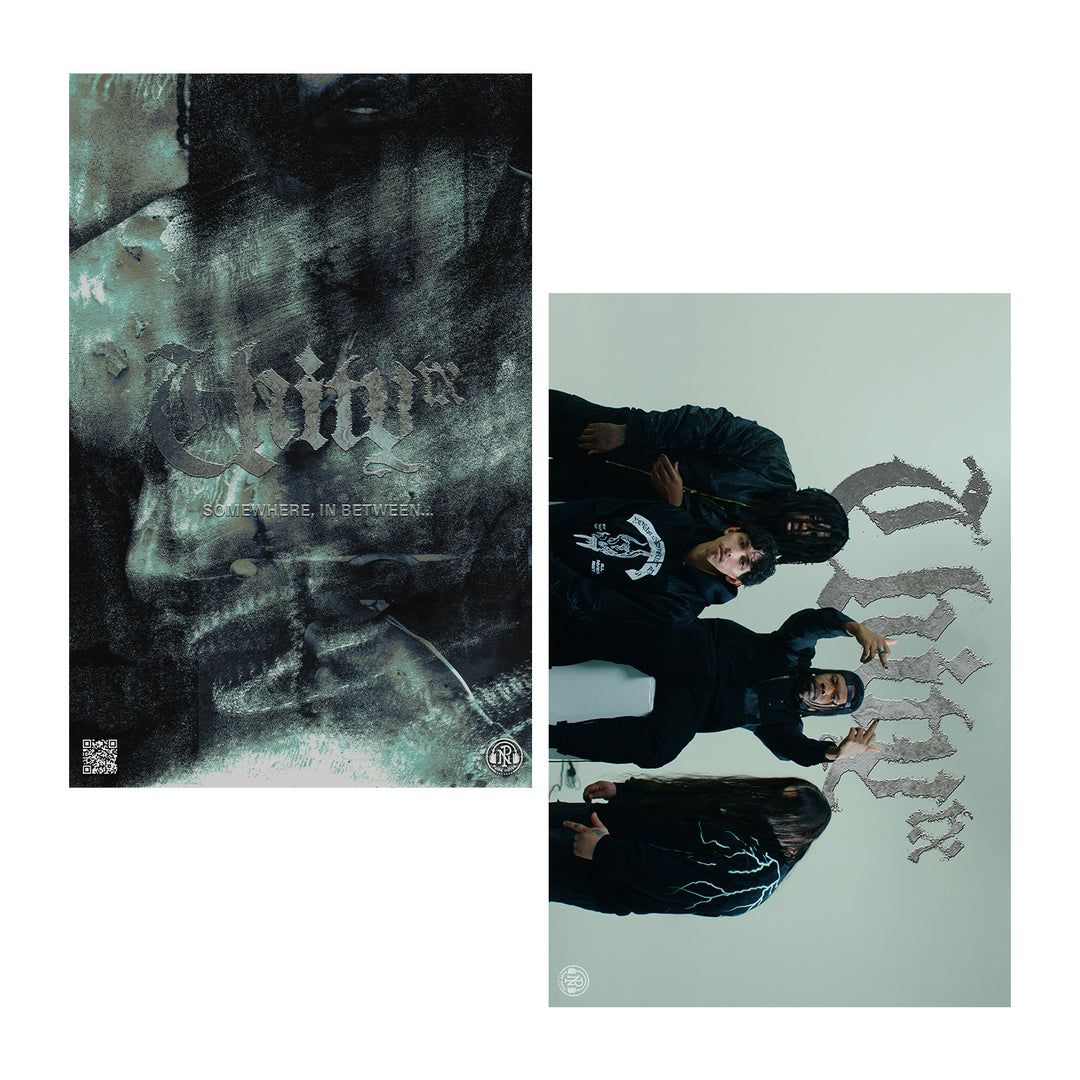 Two UNITYTX posters: double-sided 11x17 design with dark, abstract textures and “Chin” on one side; four people in black before “Chin” in gothic font on the other—perfect for unique wall decor.