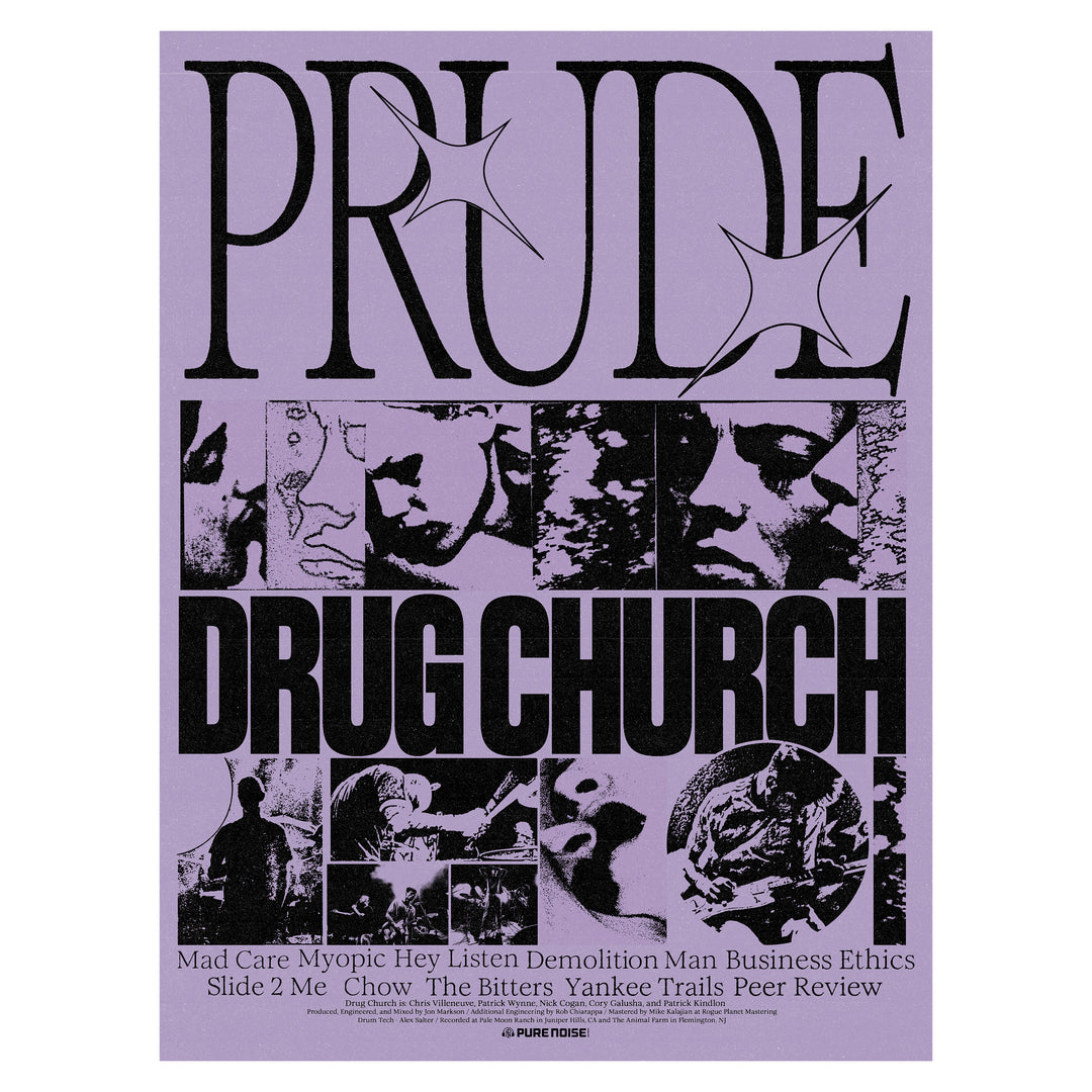 A purple Drug Church poster features bold black text "PRUDE" and "DRUG CHURCH," fragmented black-and-white photos, and a list of song titles such as Mad Care, Myopic, and Demolition Man.