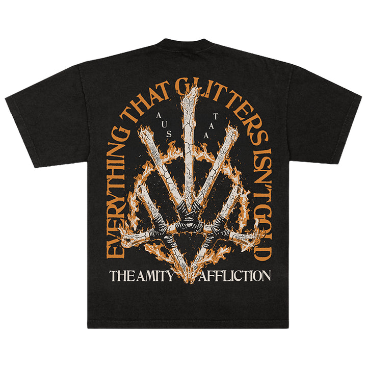 A black The Amity Affliction t-shirt features flaming wooden planks forming a pentagram, with “EVERYTHING THAT GLITTERS ISN'T GOLD” above and “THE AMITY AFFLICTION” below. The custom design spells out AU and ST.